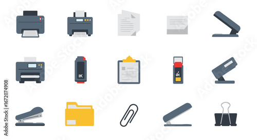 Flat style office equipment icons collection for modern workspace design