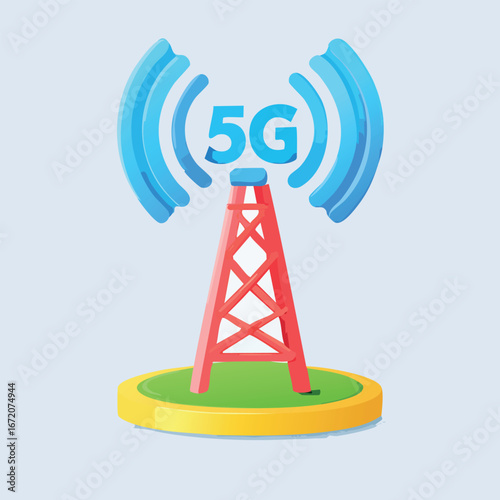 A stylized 5G cellular tower emitting wireless signals.