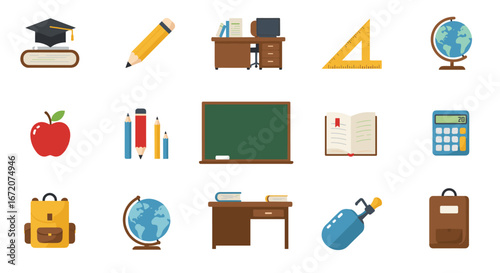 Colorful school supplies and classroom items for education theme