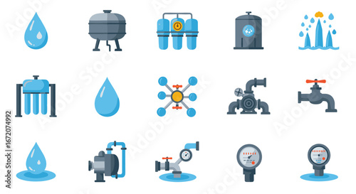 Water management icons set featuring pumps, tanks, and gauges in flat design