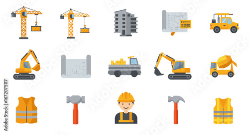 Construction elements: icon set of cranes, vehicles, equipment, and tools
