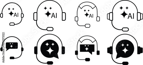 ai customer service icon set. Virtual help chat bot with headset. customer support bots
