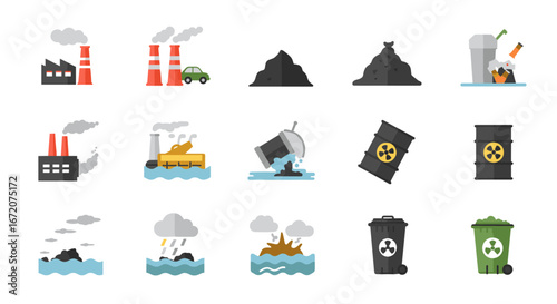 Environmental pollution icon set featuring factories, oil spills, and waste management in flat design