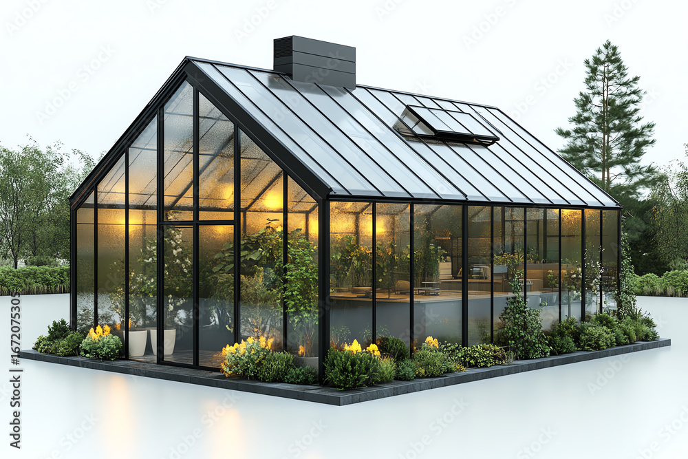 A modern greenhouse with glass walls, showcasing a vibrant collection of plants in a serene outdoor setting. A modern greenhouse with glass walls, showcasing a vibrant collection of plants in a serene outdoor setting.