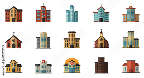Collection of various building designs featuring urban, residential, and public architecture in flat style