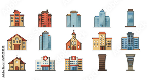 Colorful building icons collection for urban planning and architecture design
