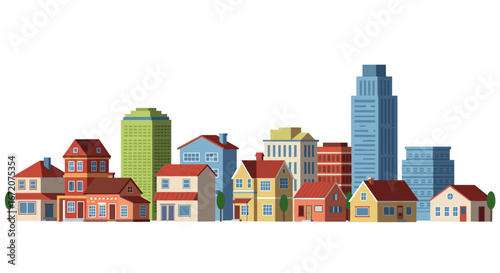 Colorful urban landscape with diverse architecture in flat design