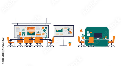 Modern office workspace with conference room and desk setup in flat design