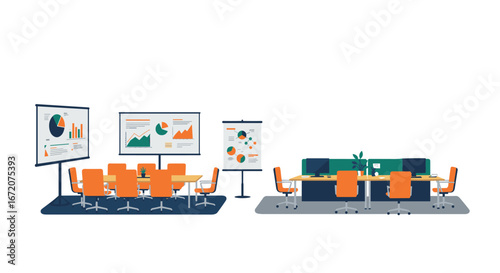 Modern office workspace with conference room and collaborative desks