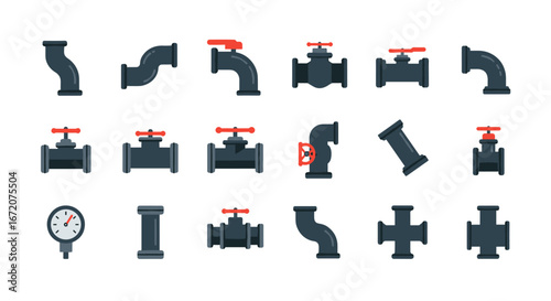 Plumbing elements collection: pipes, valves, and fittings set in flat design