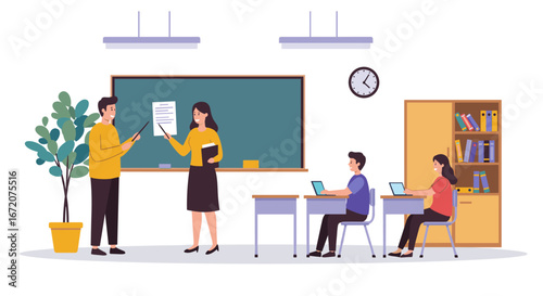 Classroom scene with teacher and students engaged in learning activities