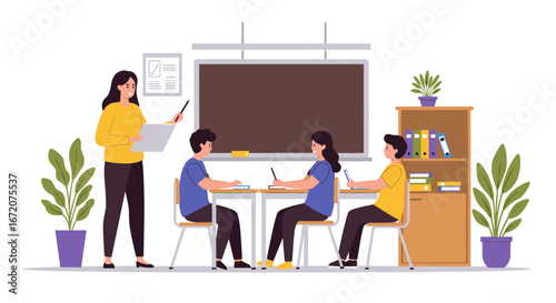 Teachers and students engaged in learning in a modern classroom setting