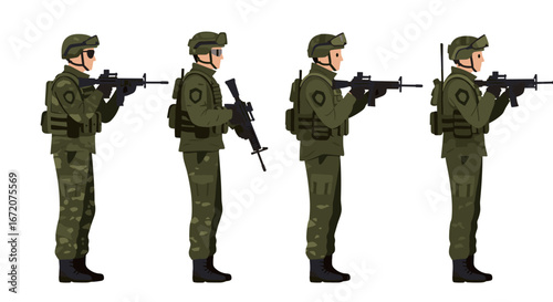 Military personnel in camouflage uniform standing in profile with weapons