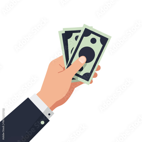 Hand holding several green banknotes against a white backdrop, representing financial transaction and wealth, conveying a sense of prosperity and investment.