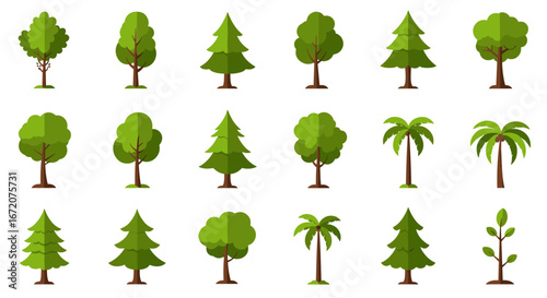 Collection of flat stylized tree icons with diverse green foliage