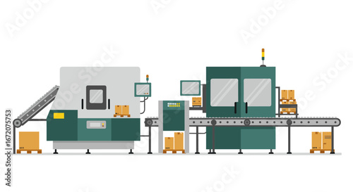 Modern automated conveyor system in flat design for efficient packaging and manufacturing