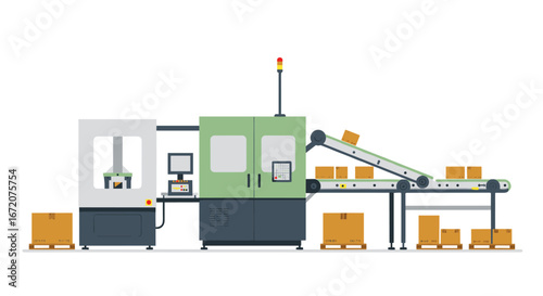 Modern factory conveyor system with carton boxes in flat design