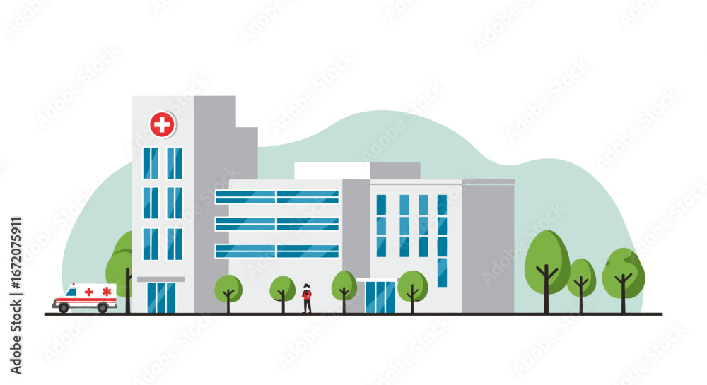 Obraz premium Modern hospital building concept with ambulance and trees