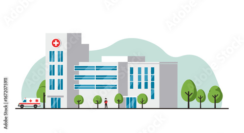 Modern hospital building concept with ambulance and trees