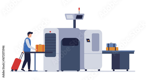 Airport security checkpoint with luggage scanner and traveler