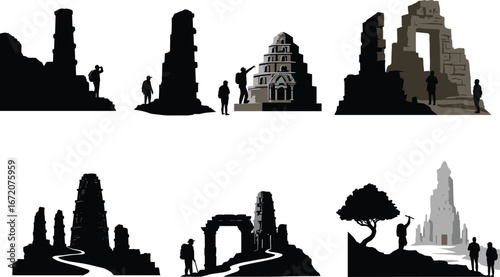 Ancient ruins silhouette, old temples, historic stone monuments, explorers, travelers, archaeological sites, adventure tourism, historic heritage, architecture landmark illustration