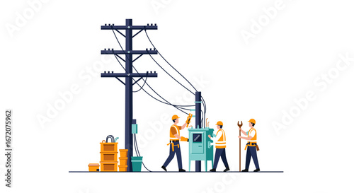 Utility workers maintaining electric power lines with modern equipment
