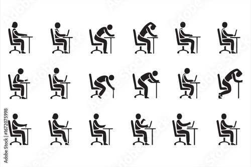 Office posture and fitness symbols set for workplace wellness