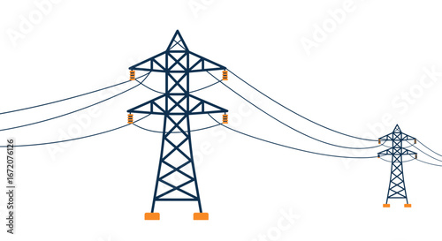 Electric power transmission towers with cables in minimalist style