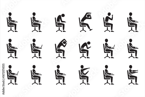 Seated exercise icons set for corporate wellness and posture