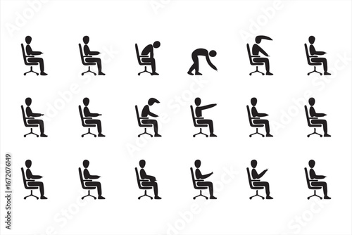 Workplace fitness and desk stretches silhouette icons pack