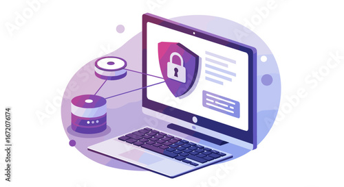 Isometric cyber security concept with shield and lock on laptop screen