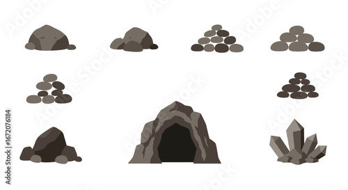 Collection of geometric rock and mineral designs with cave and crystal elements