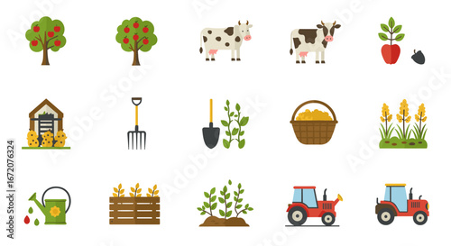 Farming and gardening icons set with equipment, plants, and animals