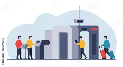 Airport security checkpoint with travelers and luggage in modern flat style