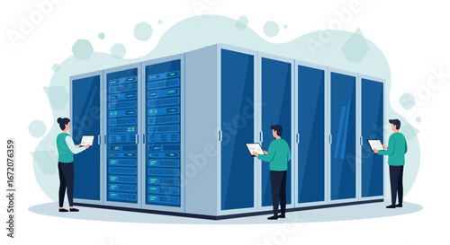 Data center team working with digital servers in modern it environment