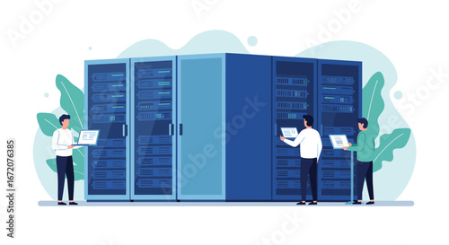Data center workers managing server room with advanced technology in a modern flat style
