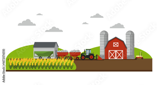 Modern farm landscape with barn and tractor under cloudy sky
