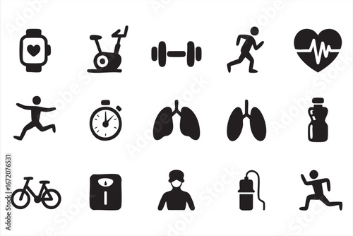 Fitness and health icons set with workout and training symbols