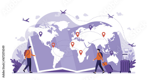 Global travel adventure with map and luggage
