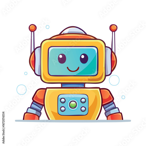 Cartoon illustration of a friendly, yellow and orange robot with a smiling face on its screen, and antennae on its head.