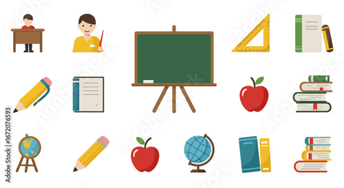 Classroom essentials set featuring school supplies and teaching elements in flat design