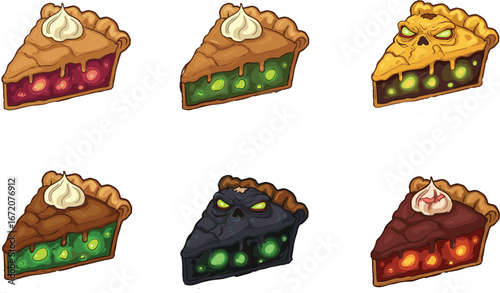 Cartoon fantasy pie slices with whipped cream, spooky faces, glowing eyes, colorful fillings, horror dessert characters, Halloween food illustration