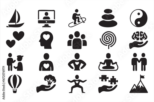Mindfulness and psychology icons set with brain and puzzle graphics