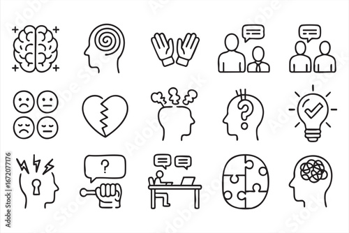 Counseling and therapy outline icons pack with puzzle and brain
