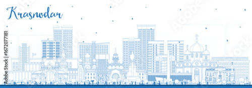 Outline Krasnodar Russia city skyline with blue buildings. Krasnodar cityscape with landmarks. Business travel and tourism concept with modern and historic architecture.