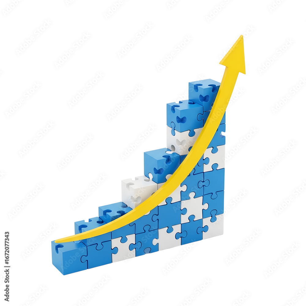 Fototapeta premium Puzzle Pieces Form a Growing Bar Chart with an Upward Arrow isolated on a white transparent background png file download.