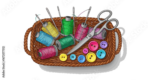 Sewing basket filled with colorful threads buttons needles and scissors