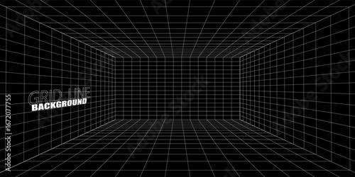 Empty futuristic digital box room grey-black background with white grid space line color surface. Network cyber technology. banner, cover, terrain, sci-fi, wireframe, and related to background.