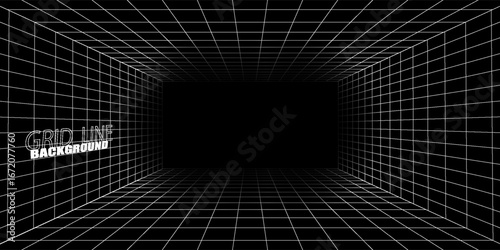 Empty futuristic digital box room grey-black background with white grid space line color surface. Network cyber technology. banner, cover, terrain, sci-fi, wireframe, and related to background.