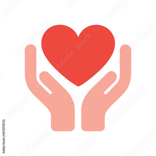 Hands holding red heart illustration, love and care symbol, charity support design, kindness, compassion, donation, healthcare and solidarity vector